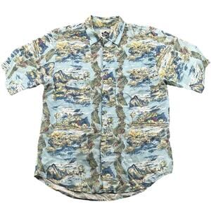 Hilo Hattie Shirt Men Small Blue Green Hawaiian 100% Silk Islands Tropical Beach